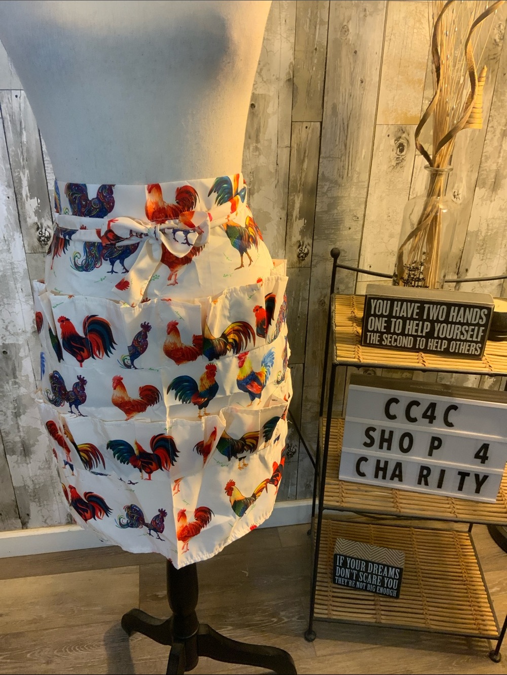 Colorful Rooster CPrint Apron for collecting eggs.